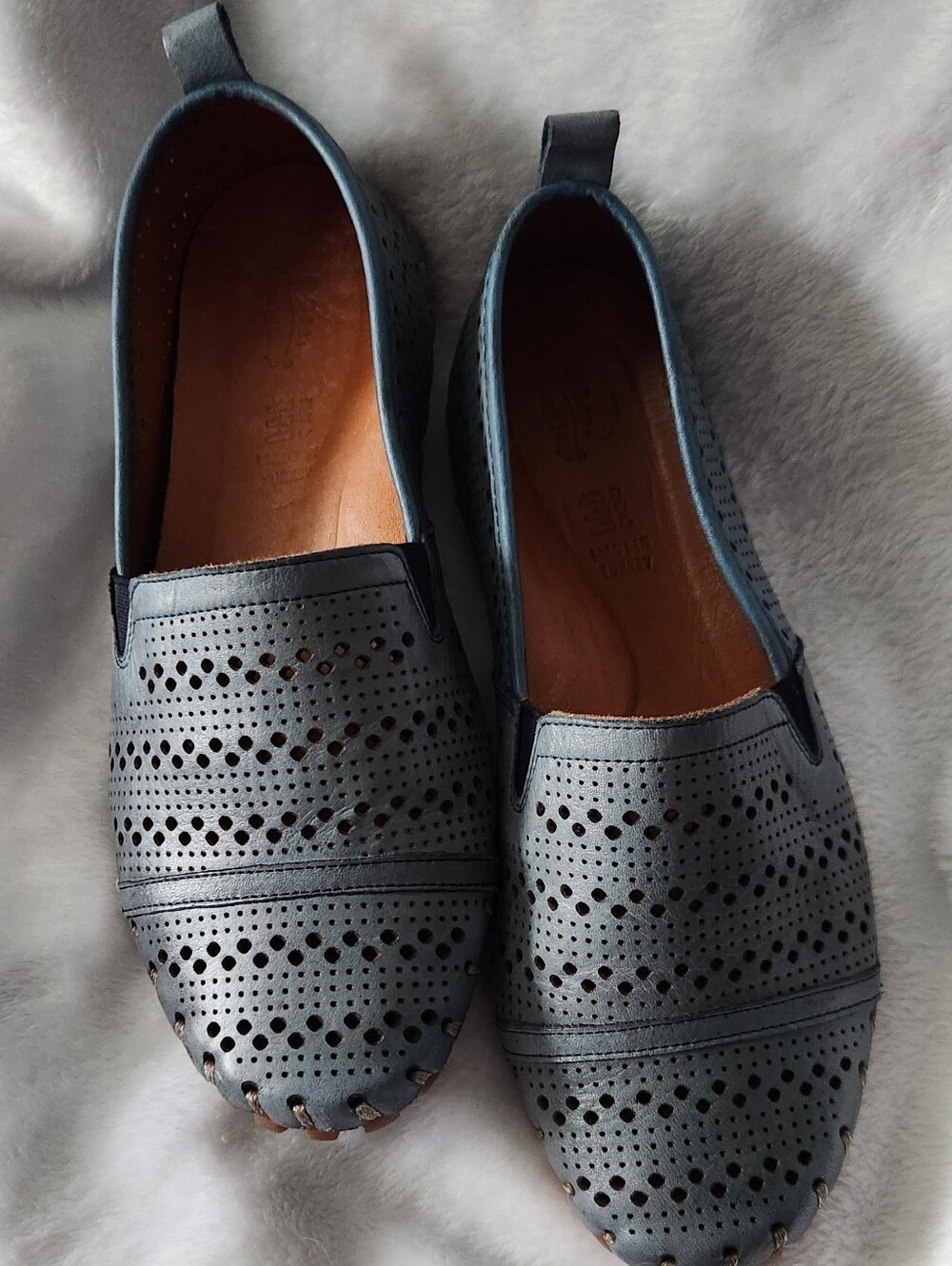 Women Perforated Slip-On Leather Loafers - Blue